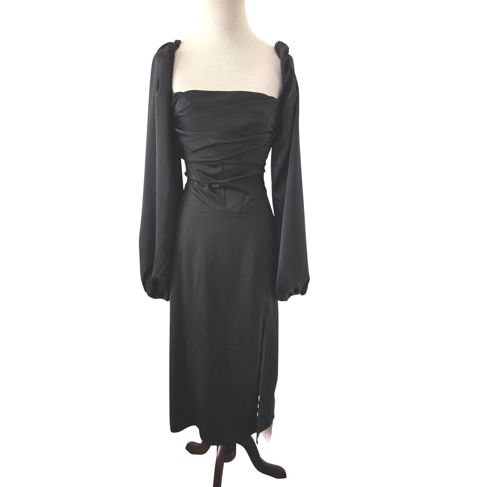 NWT Commense Black Satin Corset Midi Dress Off Shoulder Lace Up Back Side Slit S